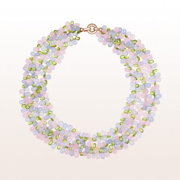Necklace with rose quartz, peridote, chalcedony and an 18kt rose gold clasp