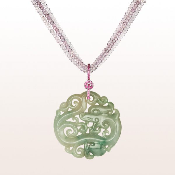 Pendant with green Jade and pink sapphire 0,52ct on a necklace with pink tourmaline, purple spinel, brilliant cut diamonds and an 18kt white gold brilliant clasp