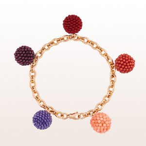 Bracelet with coccinella-spheres out of carnelian, almandine-garnet, amethyst, pink and red coral in 18kt rose gold