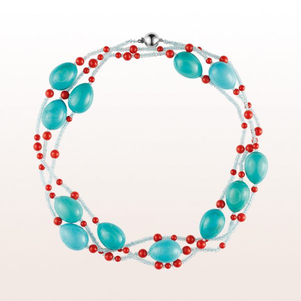 Necklace with turquoise, aquamarine, coral and an 18kt white gold clasp