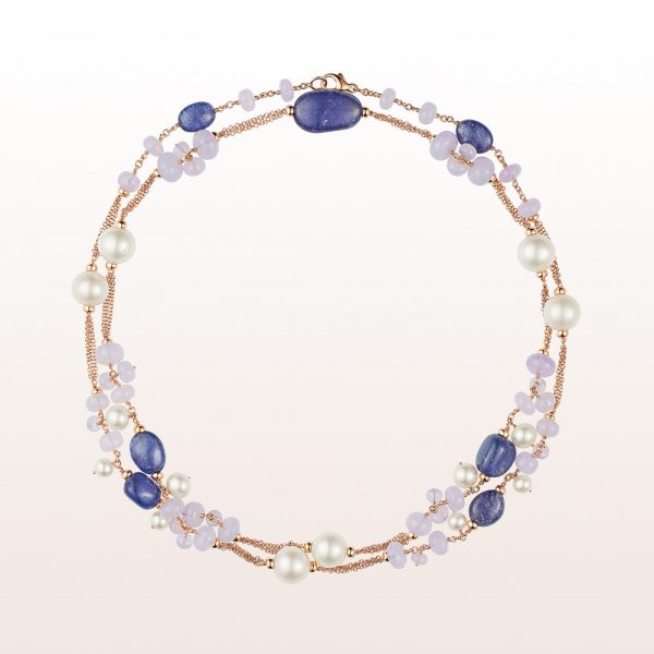 Necklace with tanzanite, chalcedony and pearls in 18kt rose gold