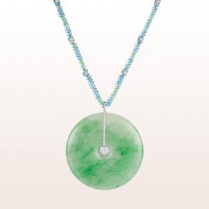 Necklace with emerald and aquamarine with jade pendant and brilliants 0,41ct in 18kt white gold