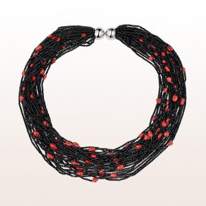 Necklace with black spinel and coral in 18kt white gold