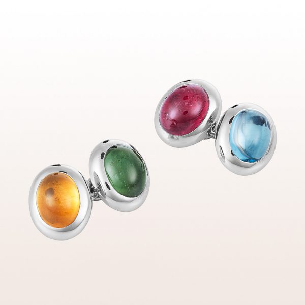Cufflinks with rubellite, citrine, topaz and green tourmaline cabochon in 18kt white gold