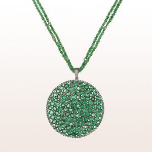 Pendant with emerald disc on a necklace with tsavorite, diamond rondels and an 18kt white gold brilliant clasp