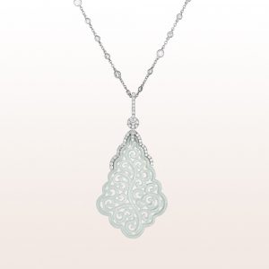Pendant with white jade and brilliant cut diamonds 1,74ct on a necklace with brilliant cut diamonds 1,20ct in 18kt white gold
