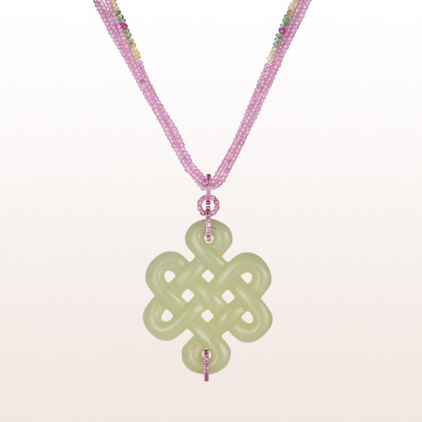 Pendant with jade and pink sapphire 0,76ct on a necklace with pink sapphire, pink apatite, chrysoberyl and brilliant cut diamond  and an 18kt white gold brilliant clasp