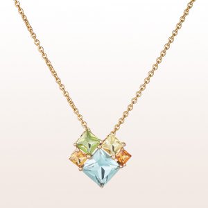 Necklace with green quartz, peridot, lemon quartz and citrine in 18kt rose gold