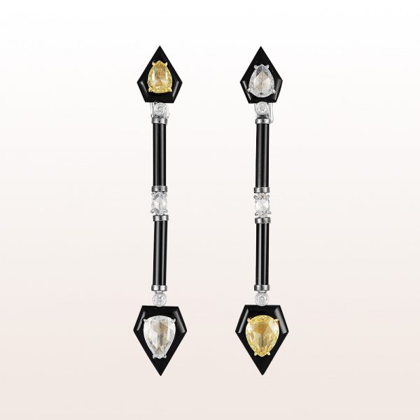 Earrings with yellow and white diamonds 4,50ct and onyx in 18kt white gold