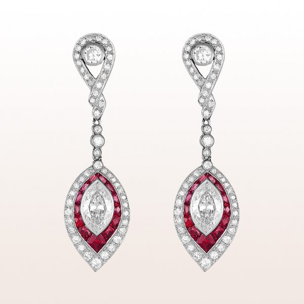 Earrings with rubies 1,70ct and diamonds in platinum