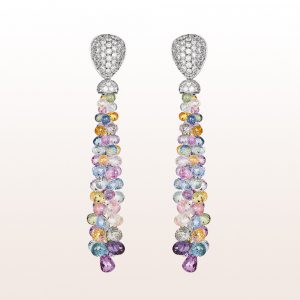 Earrings with brilliants and multi coloured sapphire 61,47ct in 18kt white gold