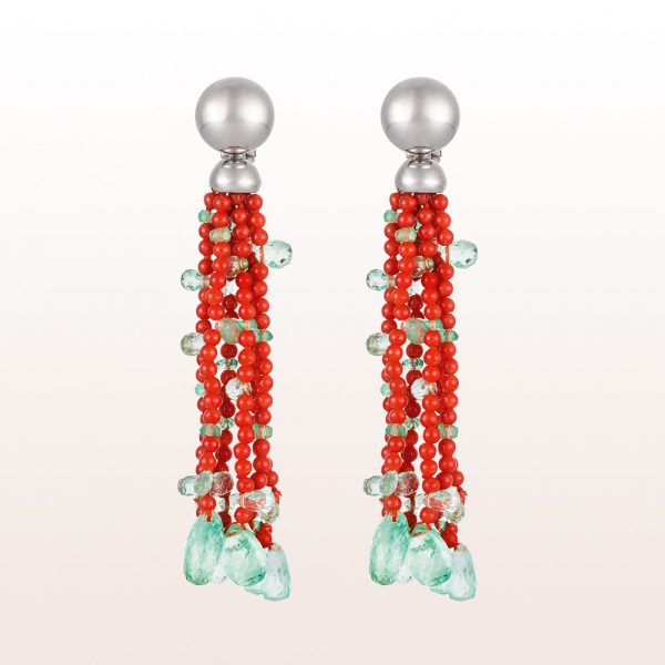Earrings with coral and light-green emerald in 18kt with gold