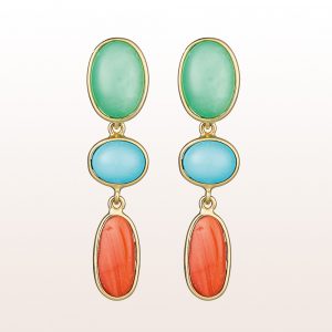 Earrings with coral, turquoise and chrysoprase in 18kt yellow gold