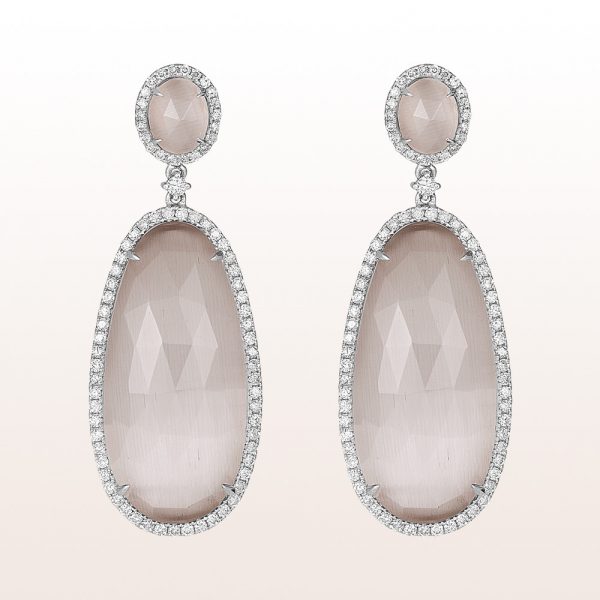 Earrings with grey quartzes and brilliants 1,18ct in 18kt white gold