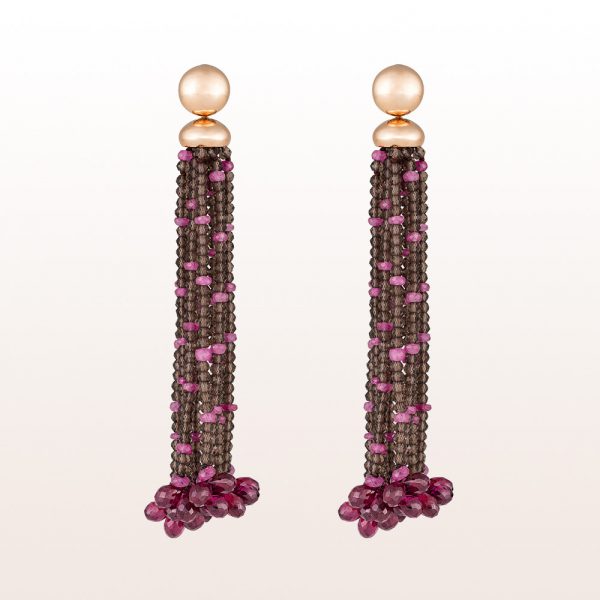 Earrings with smoky quartz and pink sapphire 10,55ct in 18kt rose gold
