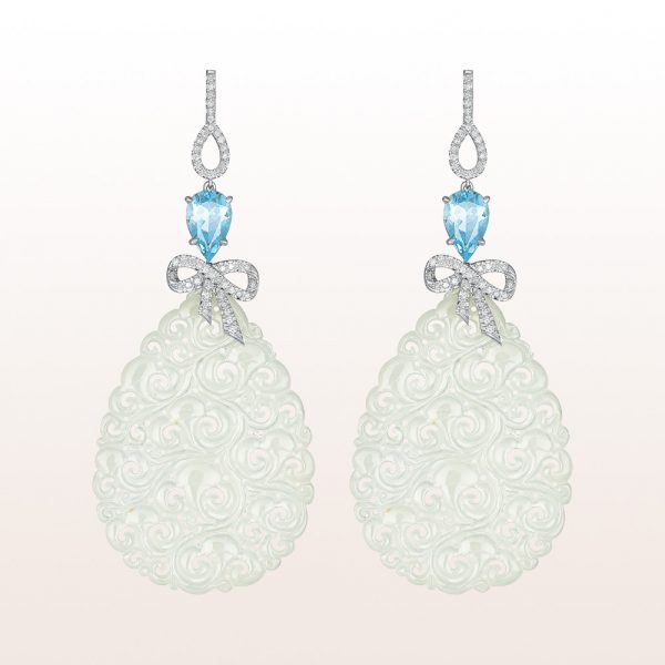 Earings with jade, aquamarine drops 4,27ct and brilliants 0,66ct in 18kt white gold