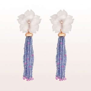 Earrings with rose quartz blossoms, brilliants, tansanite and pink sapphire in 18kt rose gold