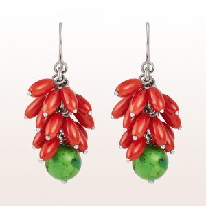 Earrings with coral and green turquoise in 18kt white gold