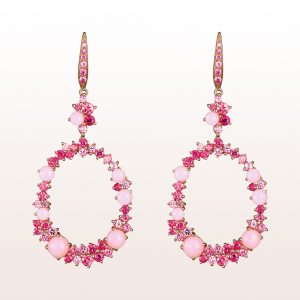 Earrings with pink sapphire, rubelite, rubies and pink opals in 18kt rose gold