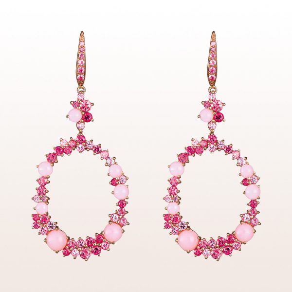 Ohrgehänge mit rosa Saphiren, Rubelliten, Rubinen und rosa Opalen in 18kt Roségold