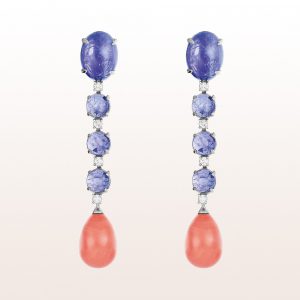 Earrings with tansanites 33,45ct, coral and brilliants 0,56ct in 18kt white gold