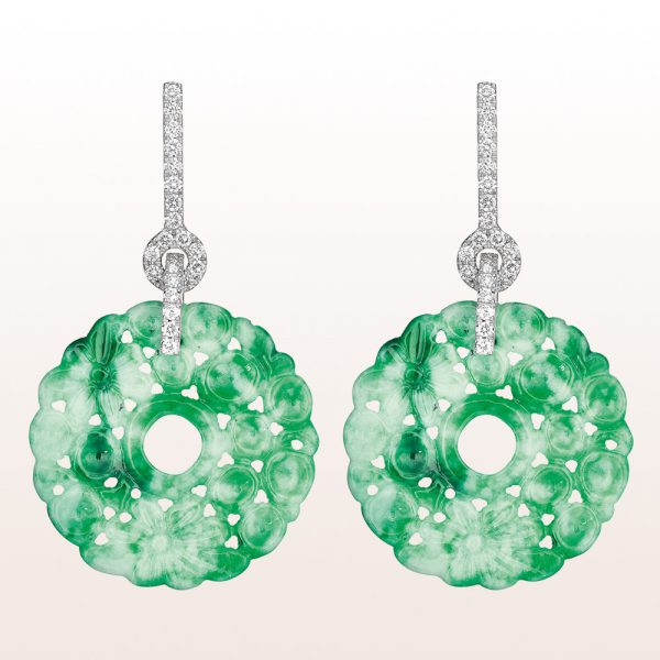 Earrings with green jade and brilliants 0,53ct in 18kt white gold