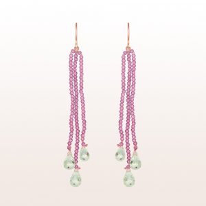 Earrings with pink spinel and prasiolite on 18kt rose gold hooks