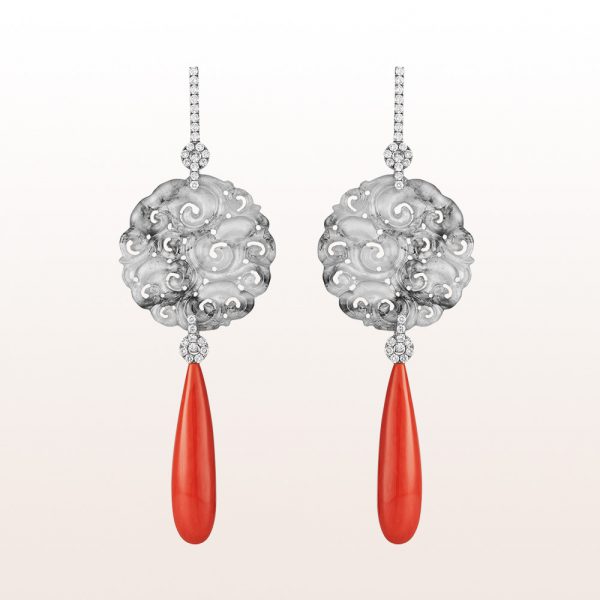 Ear studs with grey jade, coral and brilliant cut diamonds 1,32ct in 18kt white gold