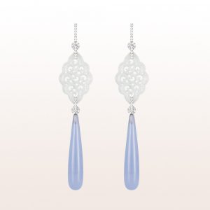 Earrings with white jade, blue chalcedonies and brilliants 1,04ct in 18kt white gold