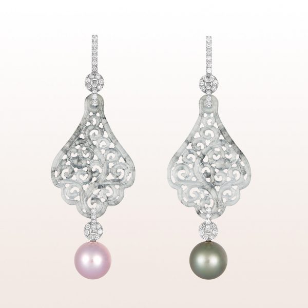 Earrings with grey jade, grey pear, pink sweet water pearls and brilliants 1,05ct in 18kt white gold