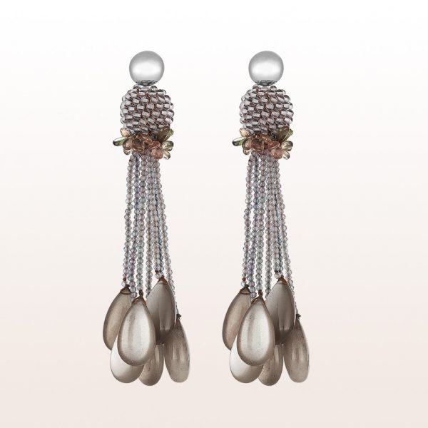 Earrings with rock crystal, grey spinel, andalusite and grey moon stone in 18kt white gold