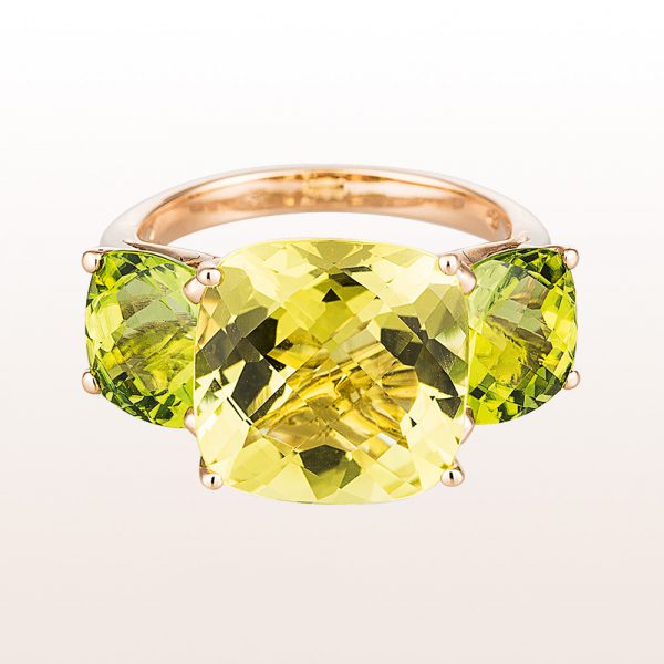 Ring with lemon quartz and peridot in 18kt rose gold