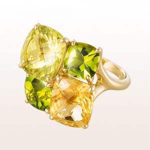 Ring with lemon quartz, citrine and peridot in 18kt yellow gold