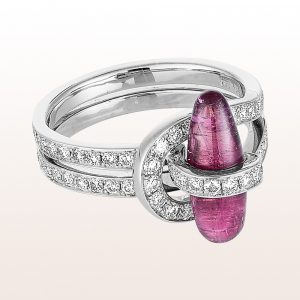 Ring "Knebel" (engl. gag) by designer Julia Obermüller with rubellite 2,96ct and brilliant cut diamonds 0,55ct in 18kt white gold