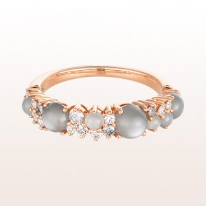 Ring with gray moonstone 1,40ct and brilliant cut diamonds 0,13ct in 18kt rose gold