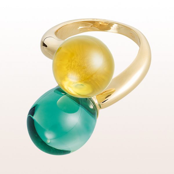 Ring with prasiolite and citrine in 18kt yellow gold