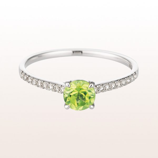 Ring with peridot 0,53ct and brilliant cut diamonds 0,12ct in 18kt white gold