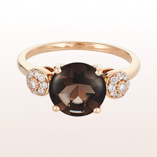 Ring smoky quartz and brilliant cut diamonds in 18kt rose gold