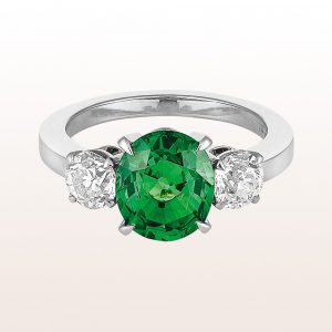 Ring with tsavorite 3,09ct and old european cut diamond 1,05ct in 18kt white gold