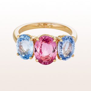 Ring with pink sapphire 2,58ct and blue sapphire 3,74ct in 18kt yellow gold