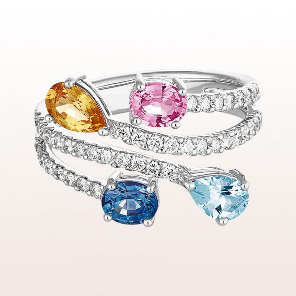 Ring with pink, blue and yellow sapphire 1,53ct, aquamarine 0,30ct and brilliant cut diamonds 0,51ct in 18kt white gold