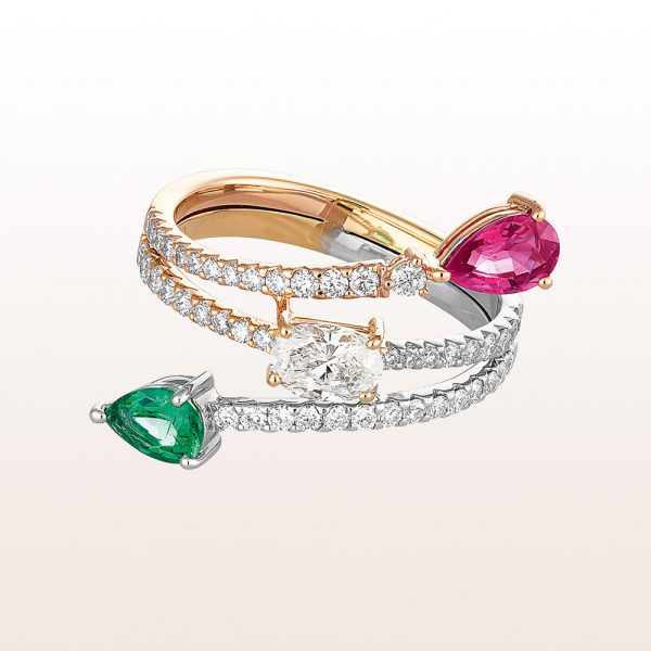 Ring with emerald 0,34ct, pink sapphire 0,52ct and brilliant cut diamonds 0,92ct in 18kt rose gold
