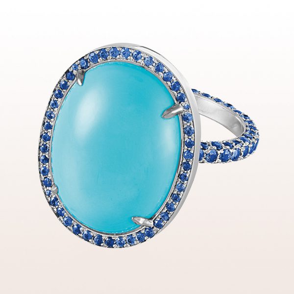 Ring with turquoise 11,11ct and sapphire 2,35ct in 18kt white gold