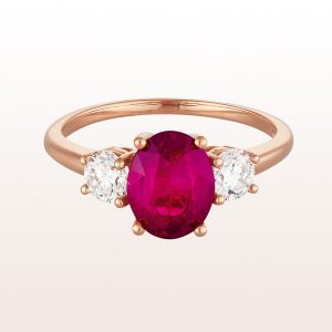 Ring with uby 2,01ct and brilliant cut diamonds 0,52ct in 18kt rose gold