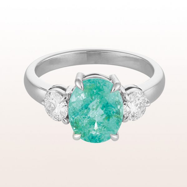 Ring with paraiba-tourmaline 2,91ct and brilliant cut diamonds 0,60ct in 18kt white gold