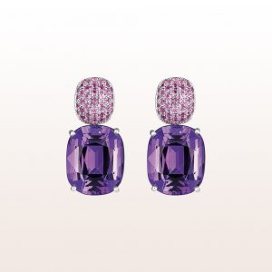 Earrings with pink sapphires 1,40ct and amethysts 21,93ct in 18kt white gold