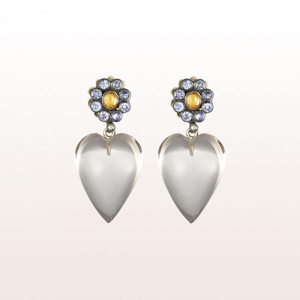 Earrings with yellow and blue sapphire and smoky quartz in 18kt yellow gold