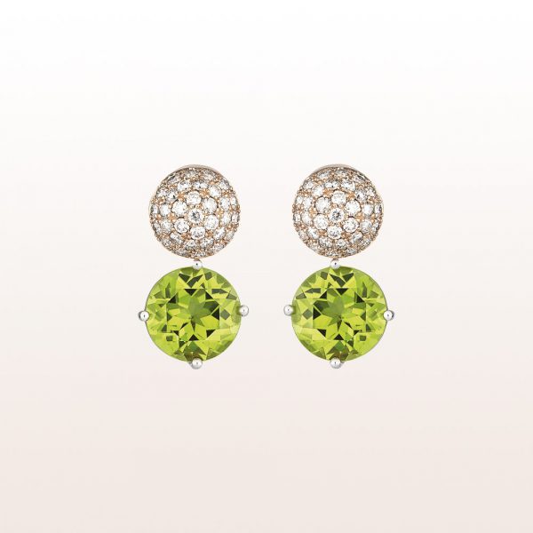 Earrings with brown brilliants 1,02ct and peridot 1,00ct in 18kt rose gold
