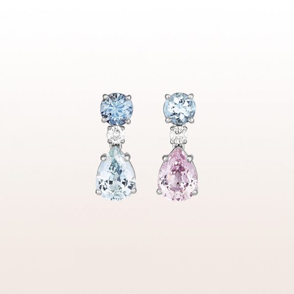 Earrings with aquamarine 1,02ct, brilliants 0,17ct and pink and blue sapphire 3,16ct in 18kt white gold