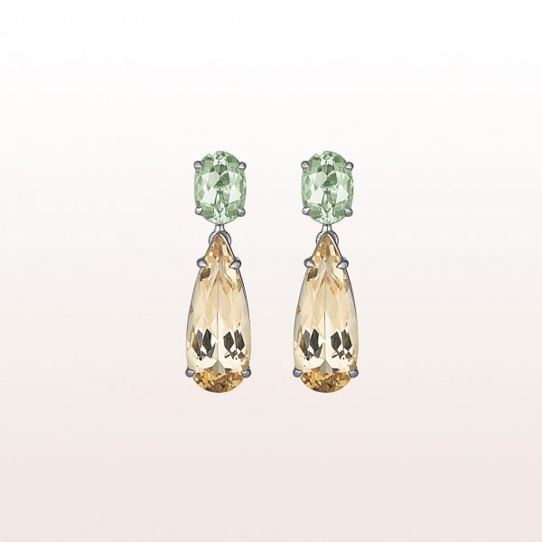 Earrings with green beryl 1,97ct and champagner beryl 4,61ct in 18kt white gold